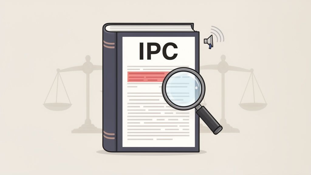 An illustration of an IPC law book with a magnifying glass, megaphone, and scales of justice.