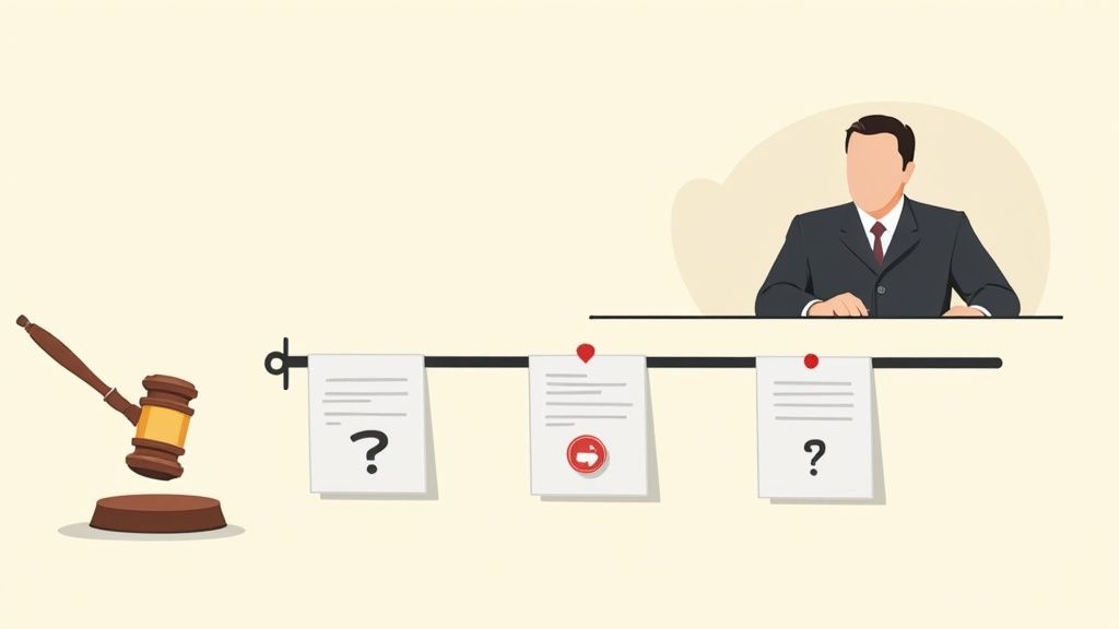 Judge at desk reviewing legal documents with question marks representing coercion in contract law