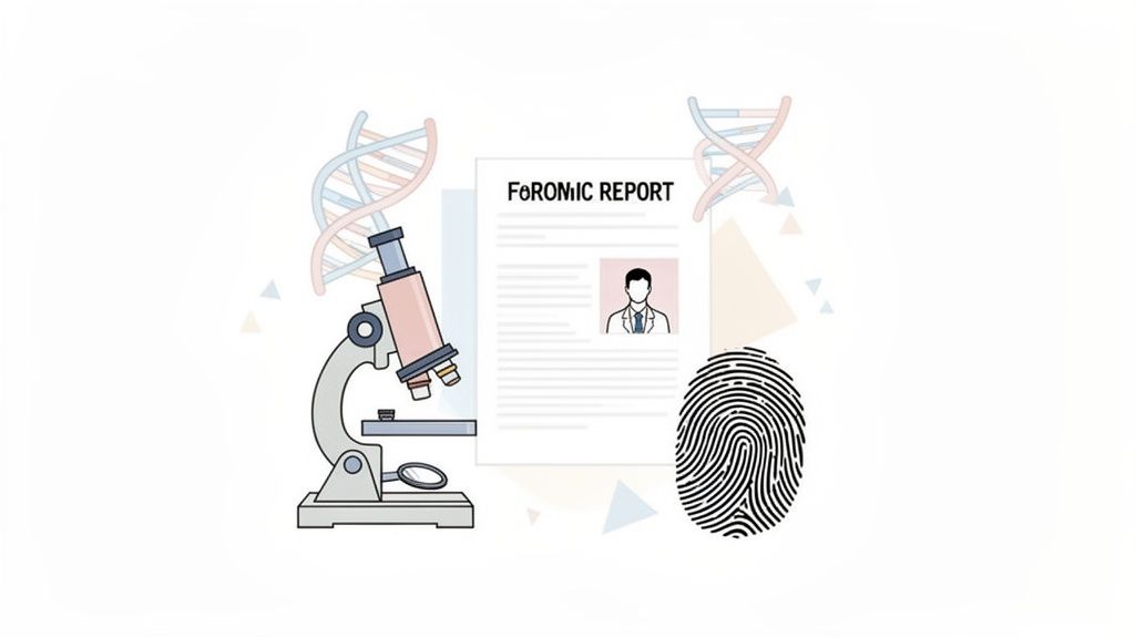 Forensic science illustration with a DNA, a microscope, a report, and a fingerprint.