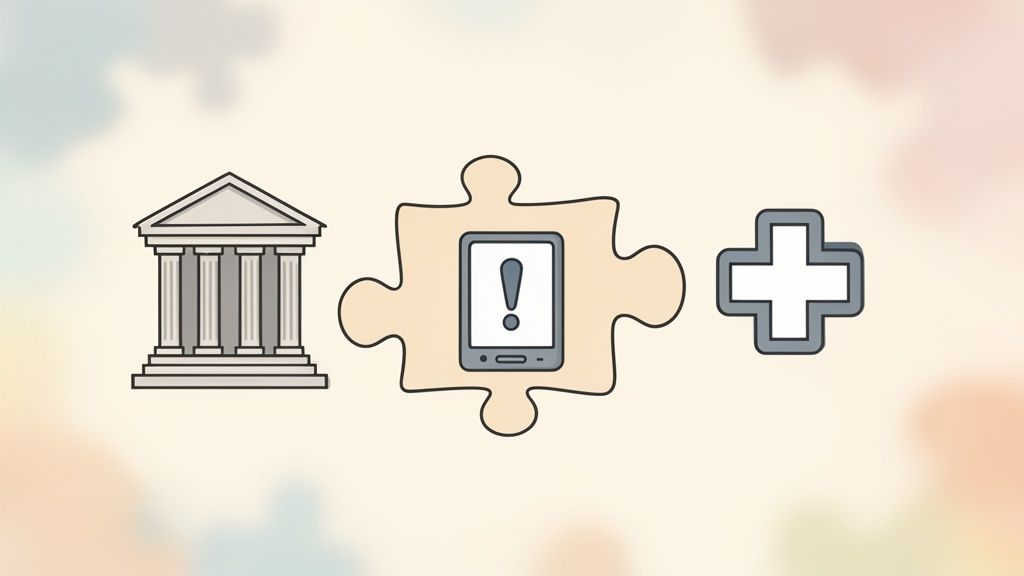 Visual metaphor showing a government building, a digital alert on a puzzle piece, and a healthcare symbol.