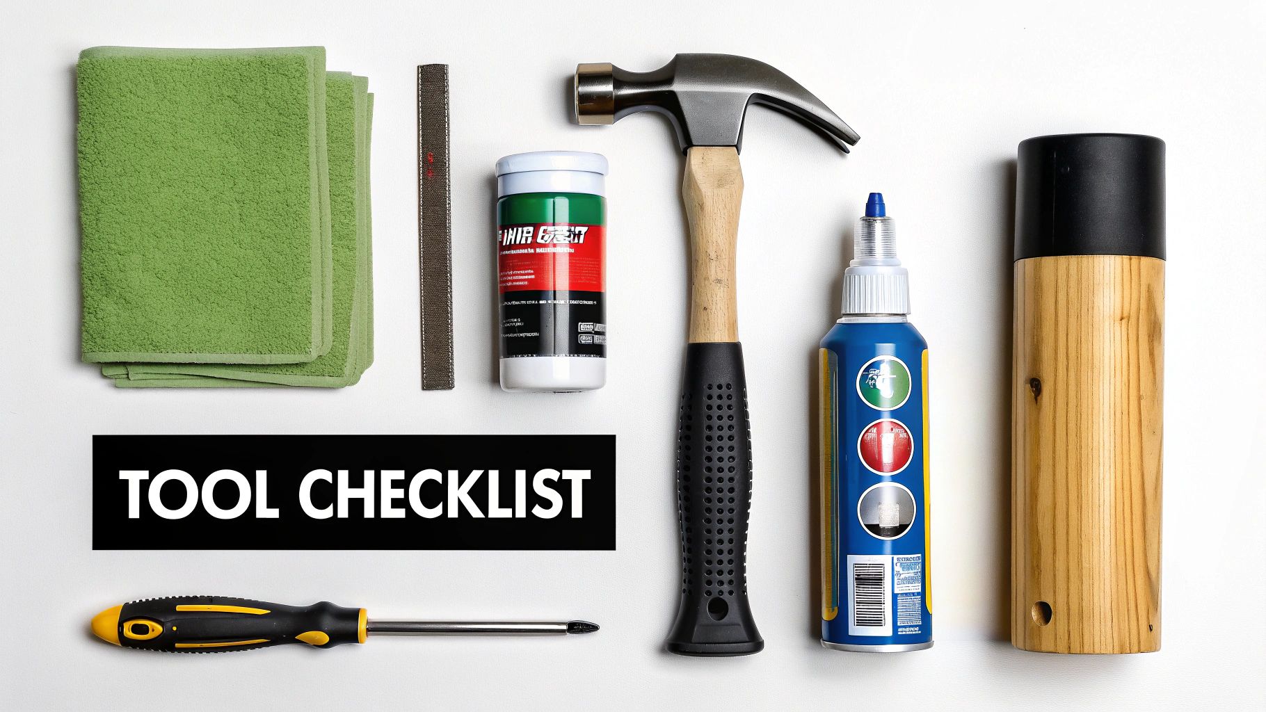 A collection of tools including a hammer, lubricant spray, and rags arranged on a wooden surface.