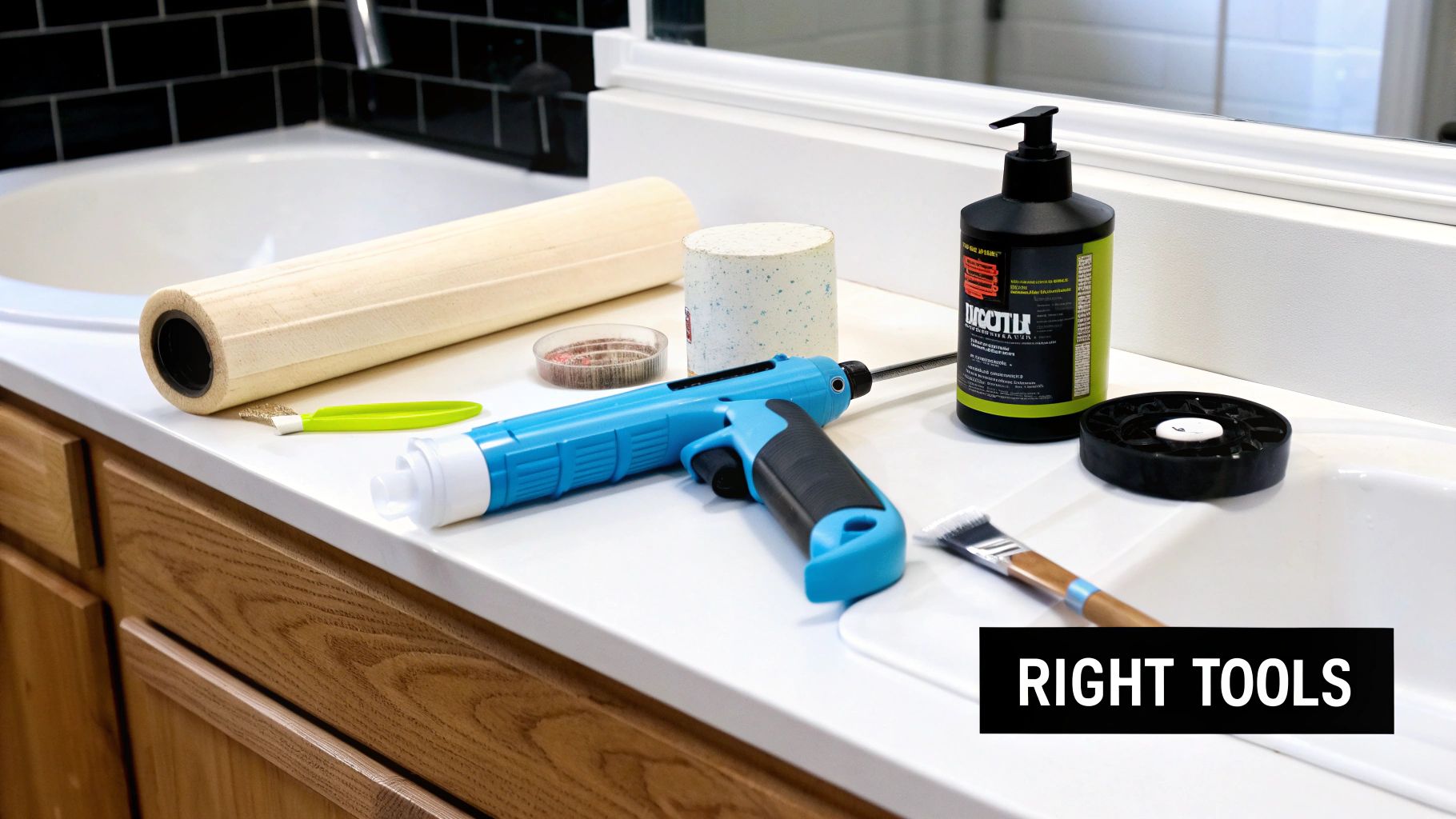 Various caulking tools, including a caulking gun, sealant, and brush, are displayed on a bathroom counter.