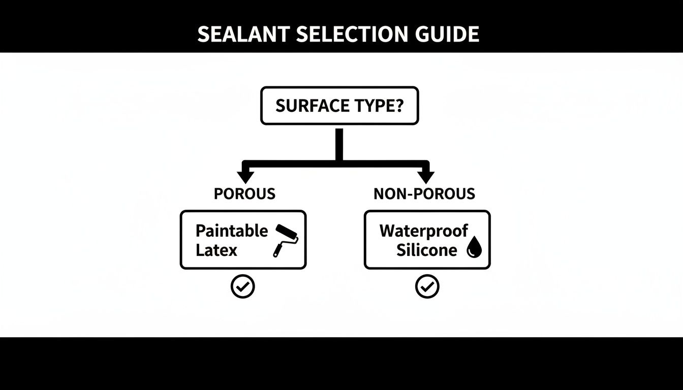 Flowchart for sealant selection based on surface type: porous surfaces require paintable latex, non-porous use waterproof silicone.