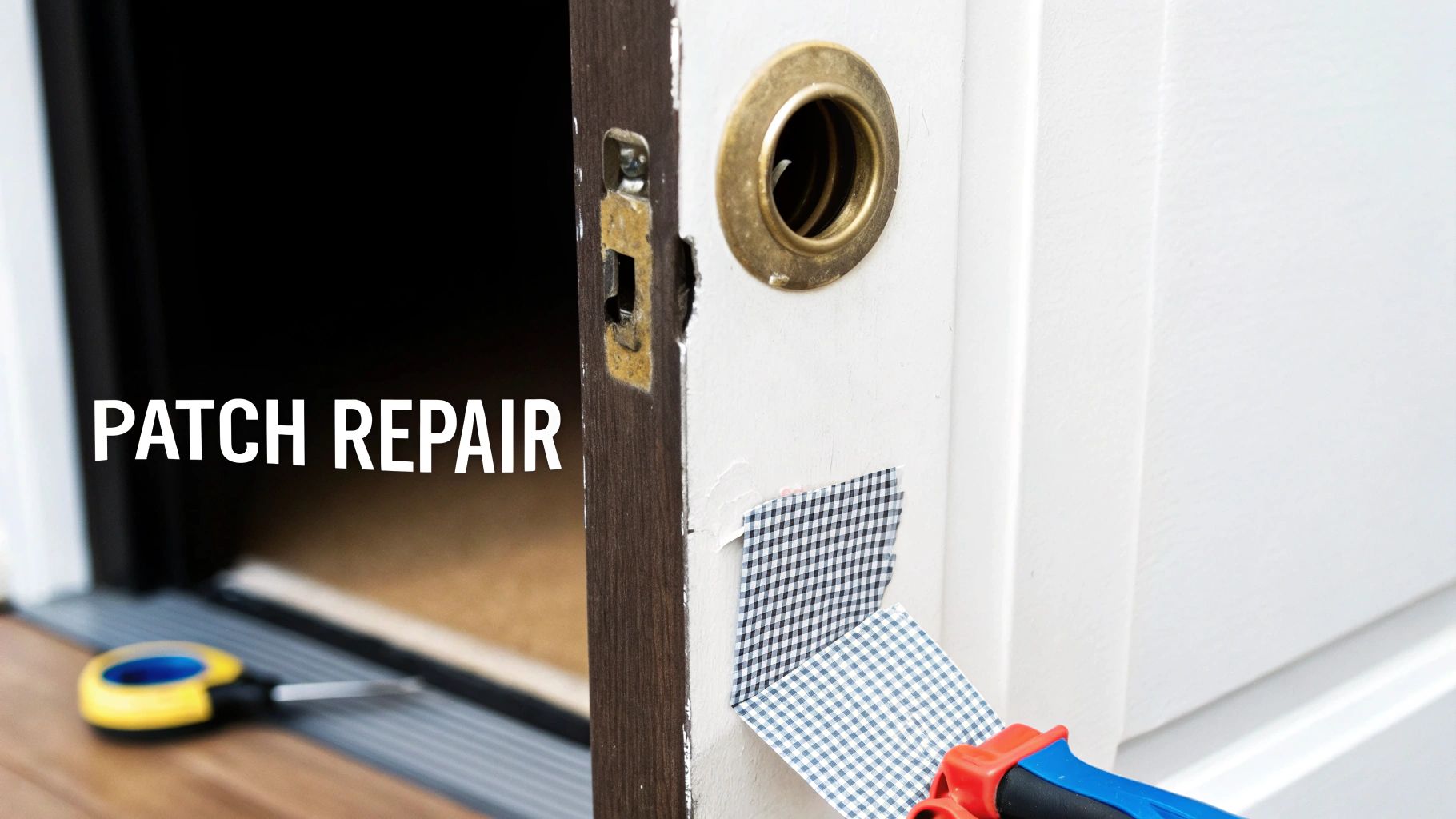 A close-up view of a damaged door and frame undergoing patch repair with checkered tape.
