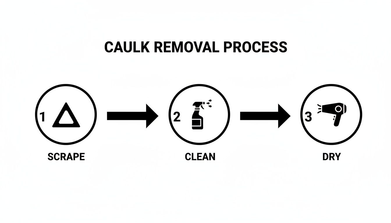 A clear diagram illustrating the three-step caulk removal process: scrape, clean, and dry.