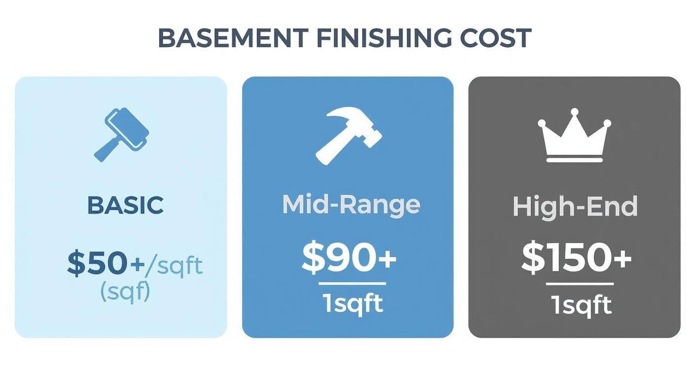 Infographic displaying basement finishing costs: Basic at $50+, Mid-Range at $90+, and High-End at $150+ per square foot.