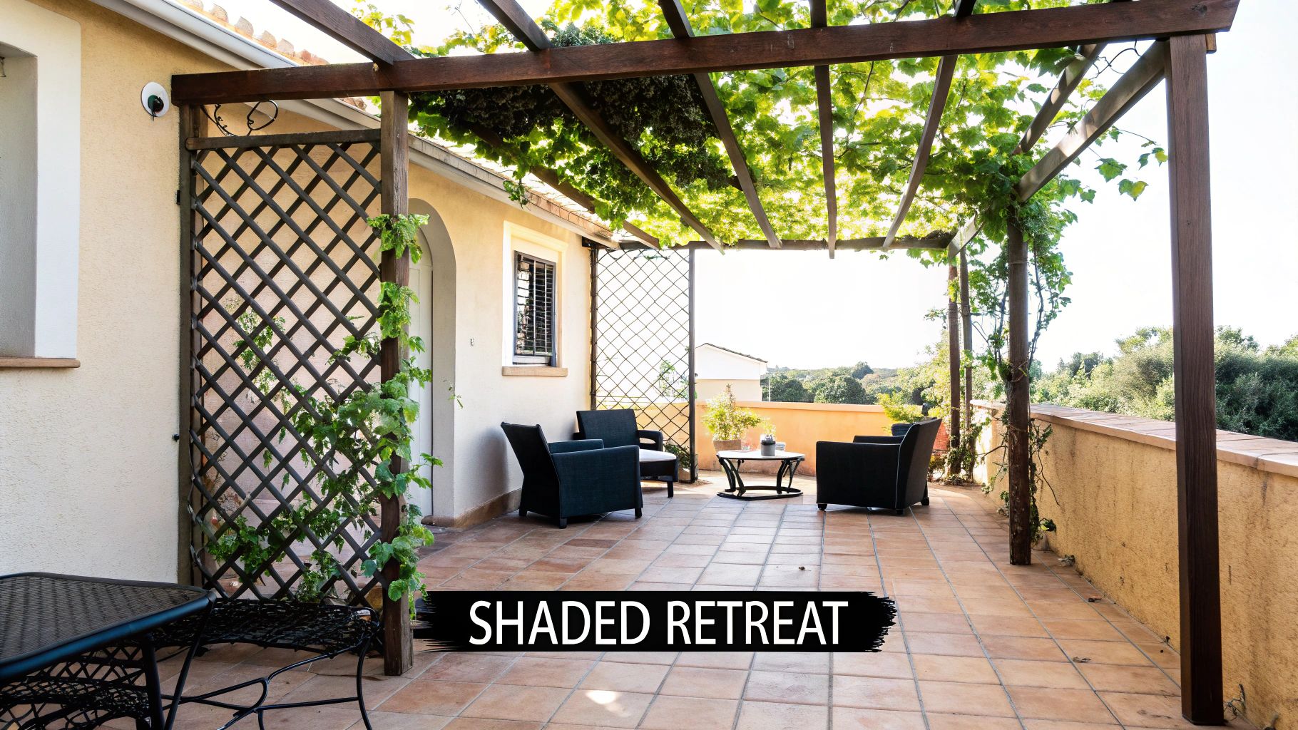 Covered patio with wooden pergola, lattice privacy screens, climbing vines and comfortable seating furniture