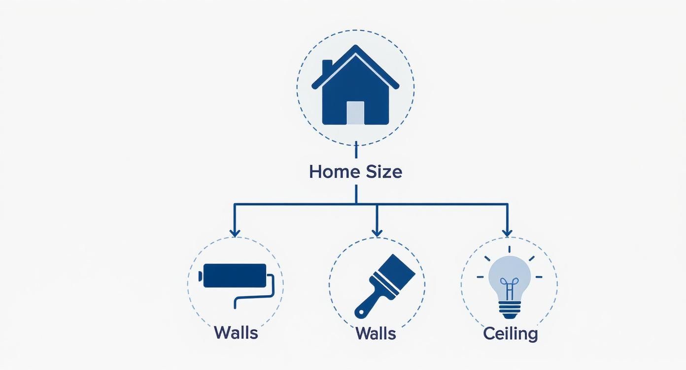 Flowchart showing home size determining interior painting needs for walls and ceiling