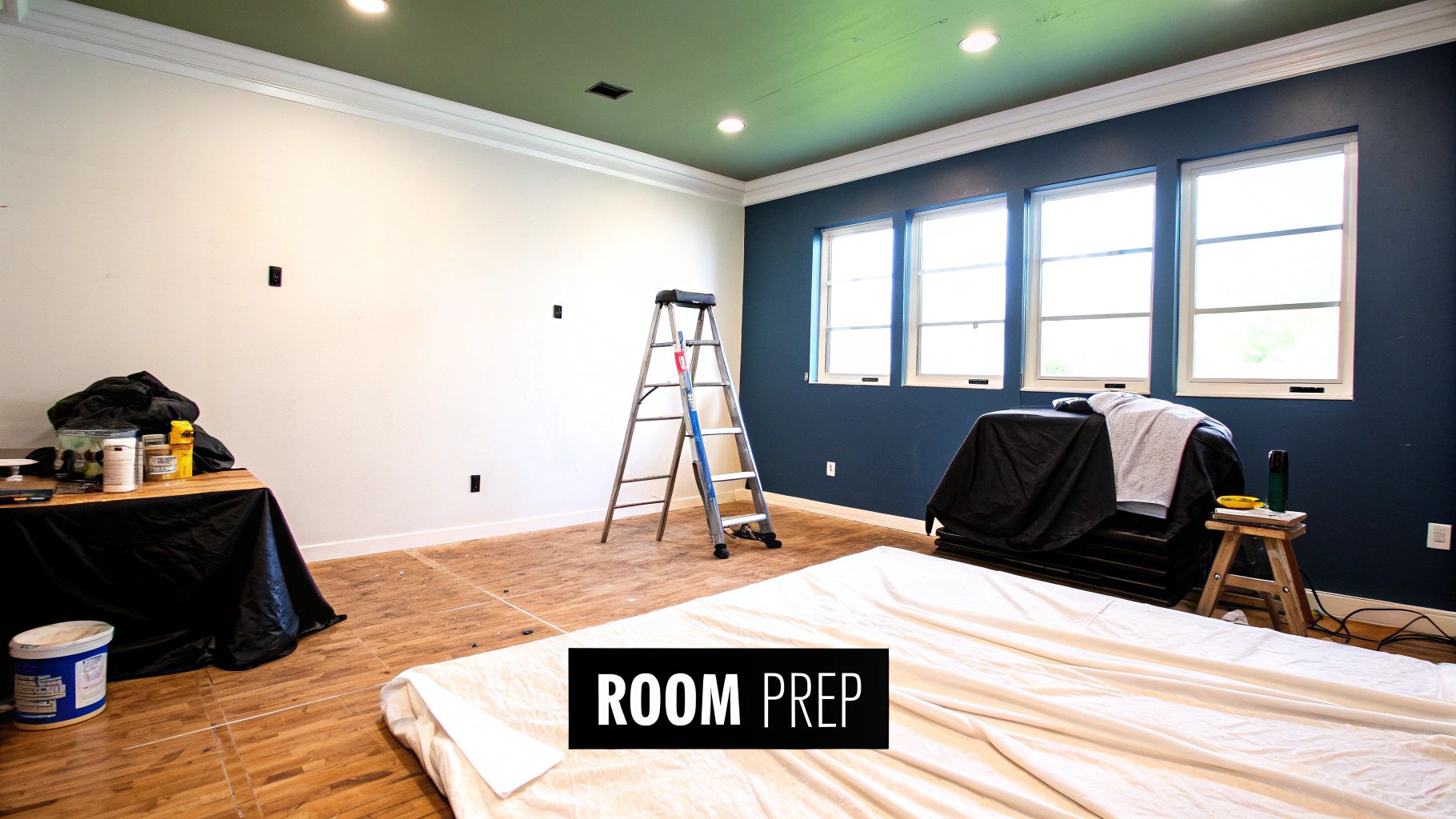 A room undergoing renovation prep with a ladder, drop cloths, and painting supplies.