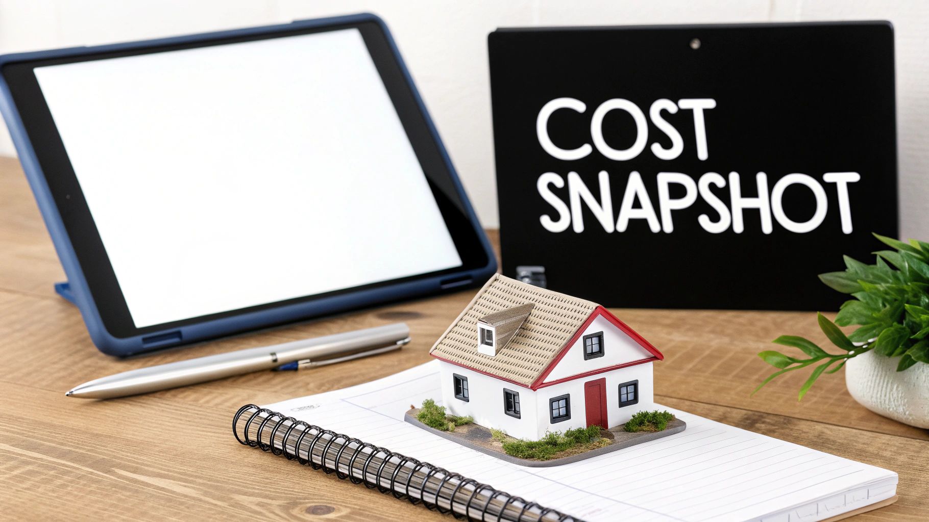 A small house model on a notebook, with a tablet, pen, and 'COST SNAPSHOT' sign.