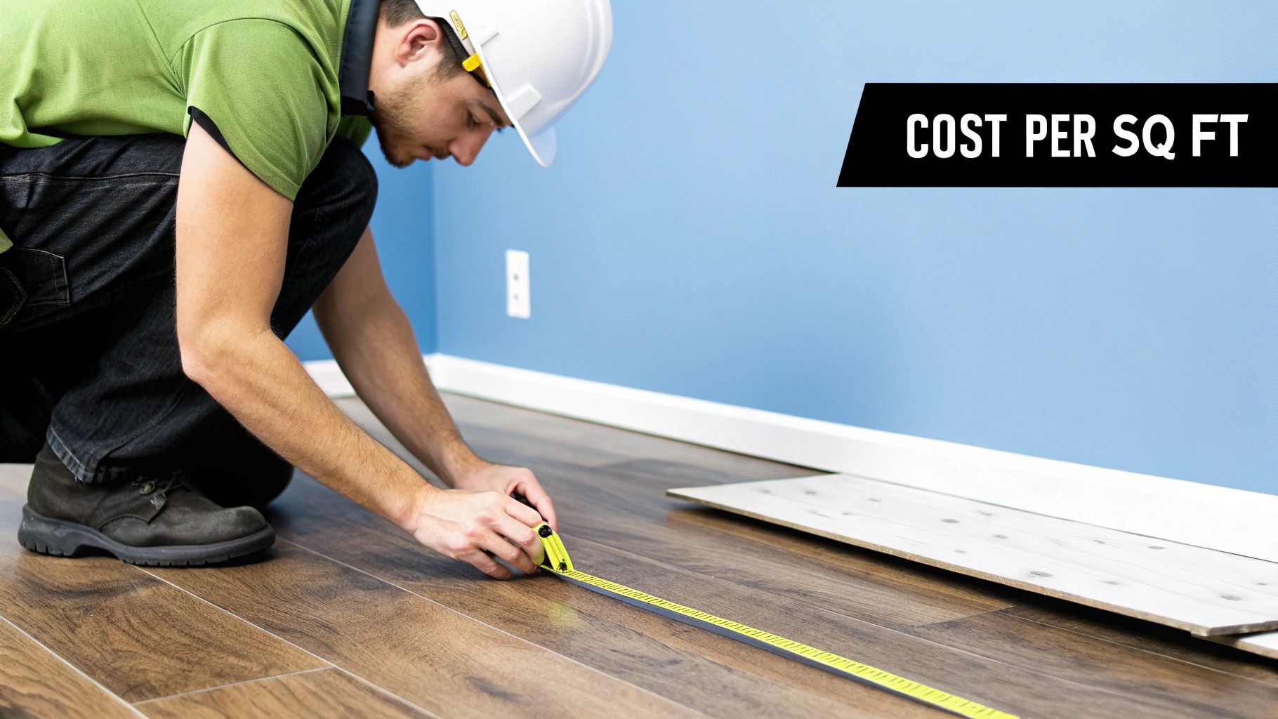 Construction worker measuring hardwood flooring installation with tape measure and white hard hat