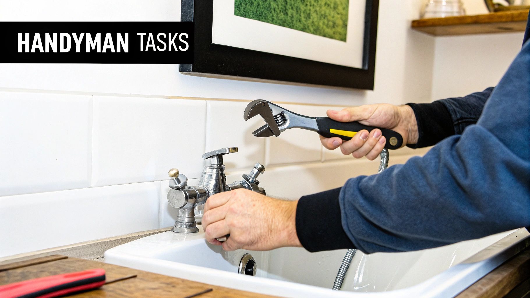 A handyman works on repairing a wooden deck, showcasing outdoor maintenance skills.