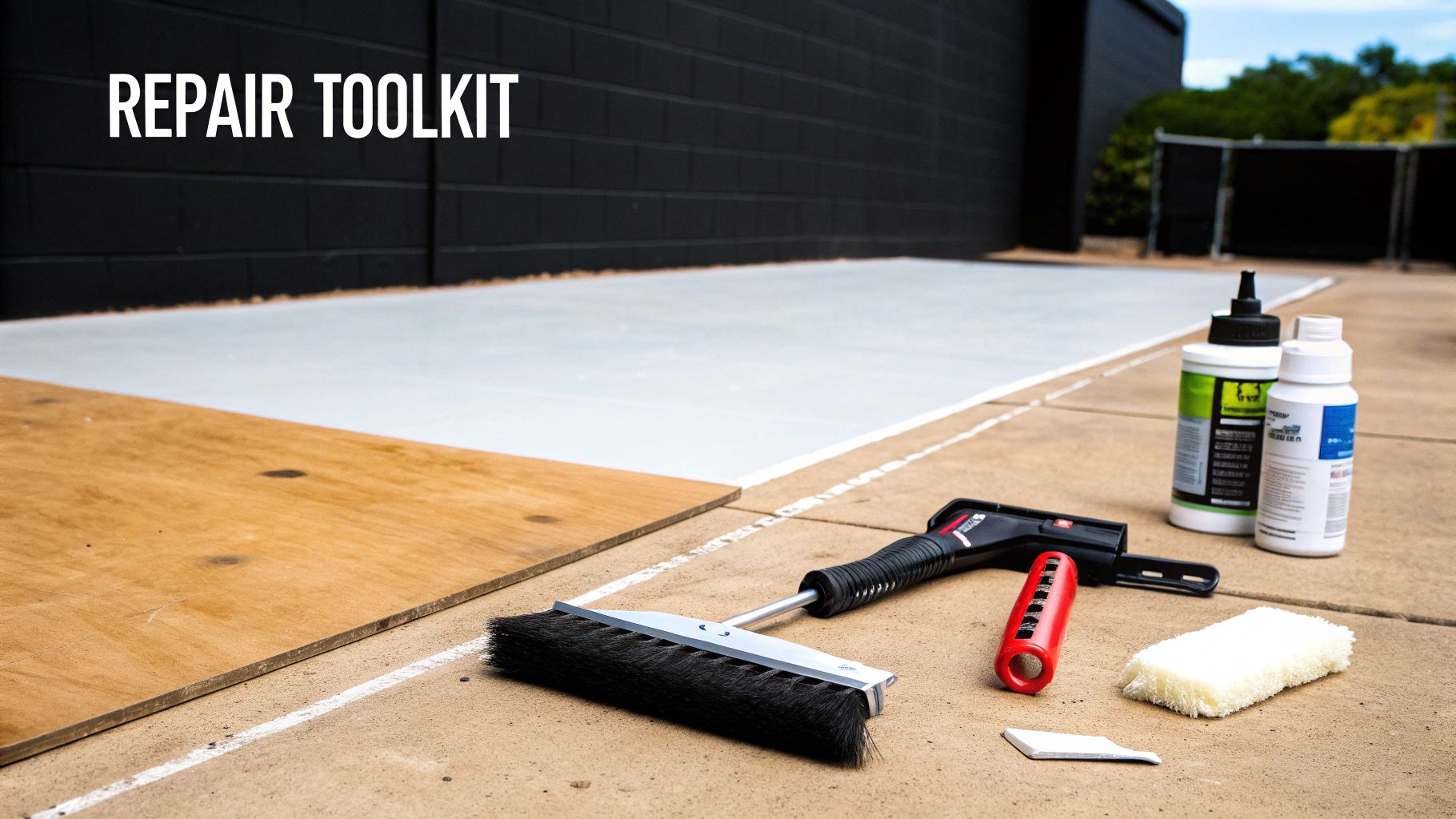 A collection of tools for concrete repair, including a trowel, bucket, and sealant, laid out on a concrete surface.