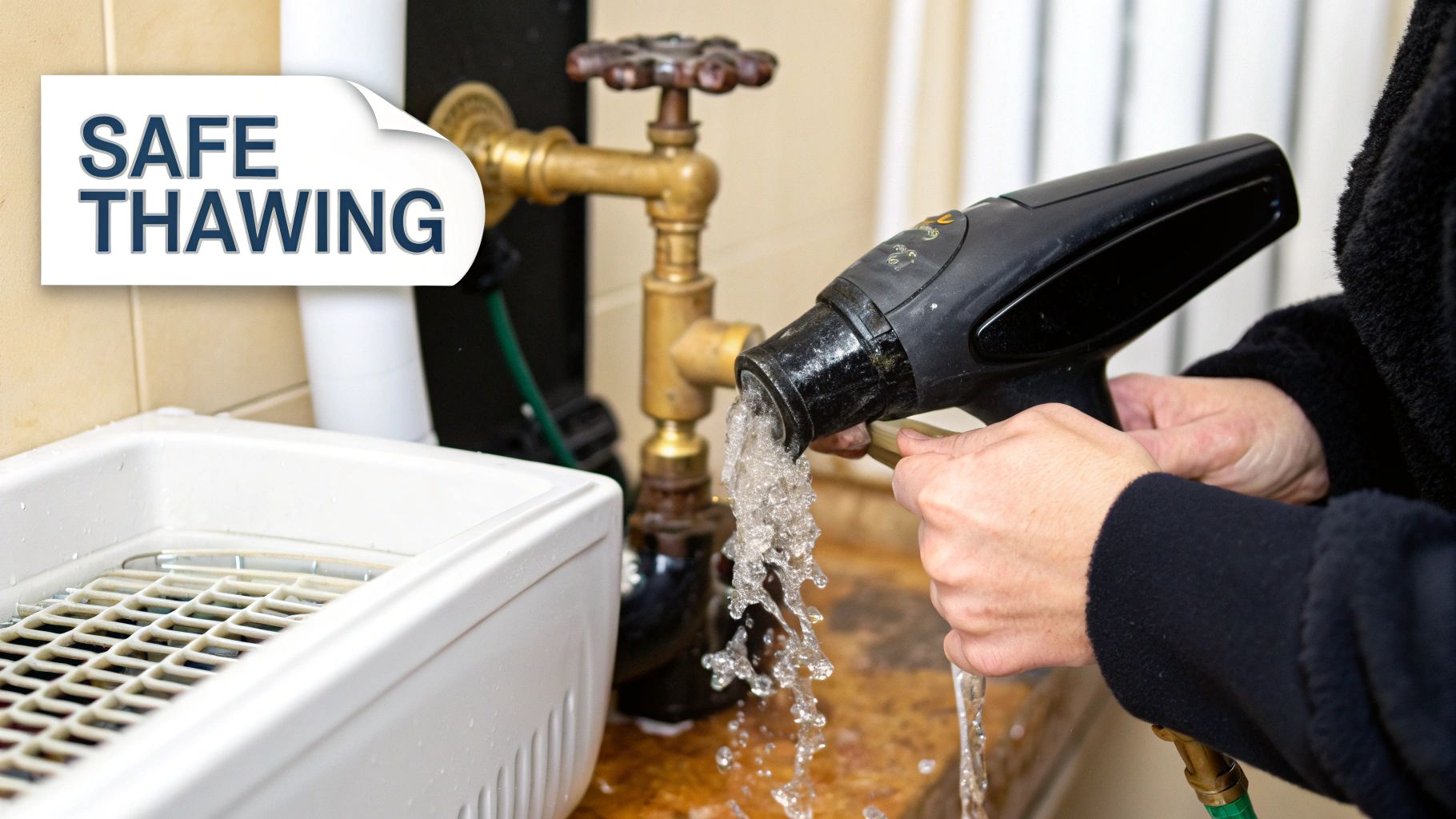 A person uses a heat gun to safely thaw a frozen water pipe above a utility sink, with water splashing.