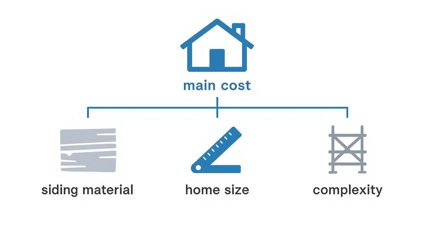 A diagram showing the main cost of a house influenced by siding material, home size, and complexity.
