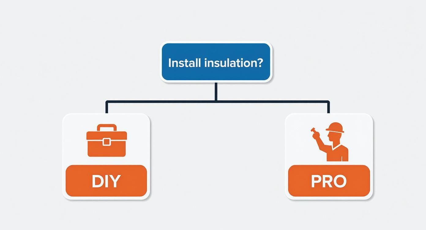 Decision flow for insulation installation: choose between DIY (toolbox icon) or professional (worker icon).