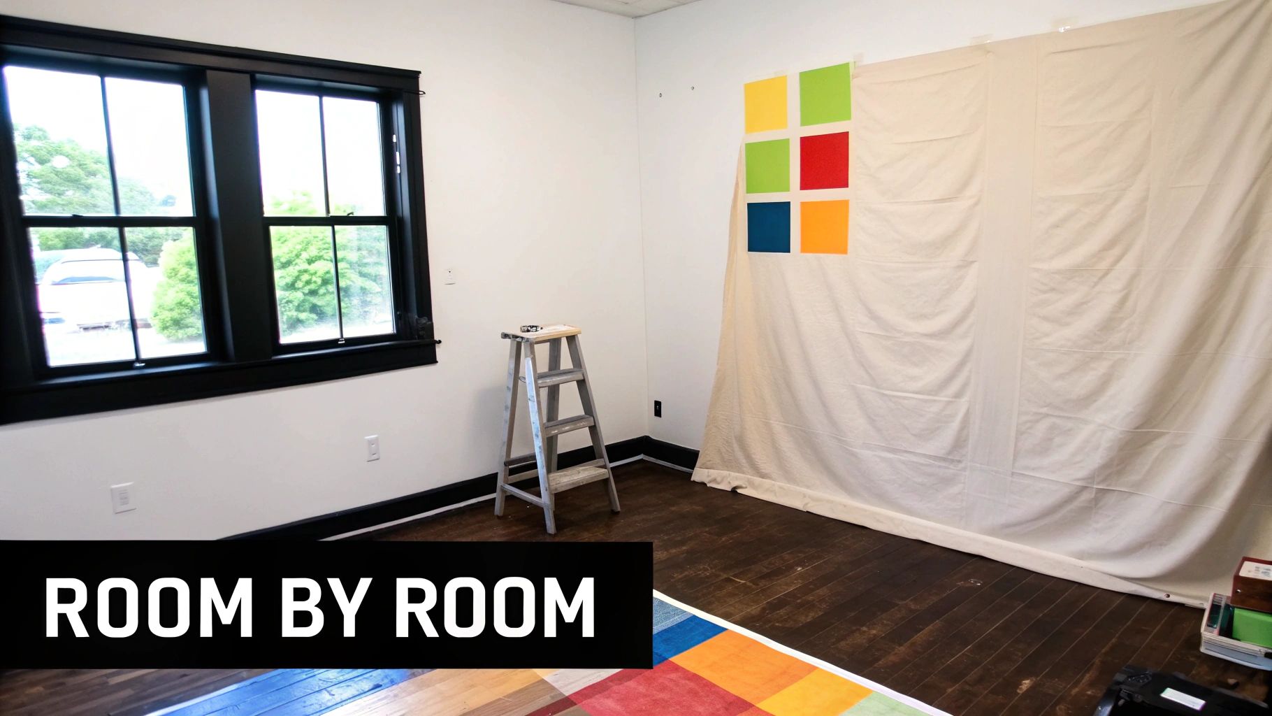 An empty room with a black-framed window, a step ladder, and a white backdrop with colorful paint swatches.