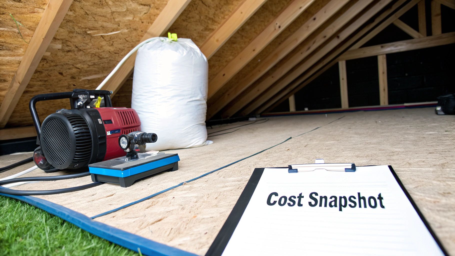 Attic with insulation blowing machine, white material bag, and clipboard displaying 'Cost Snapshot'.