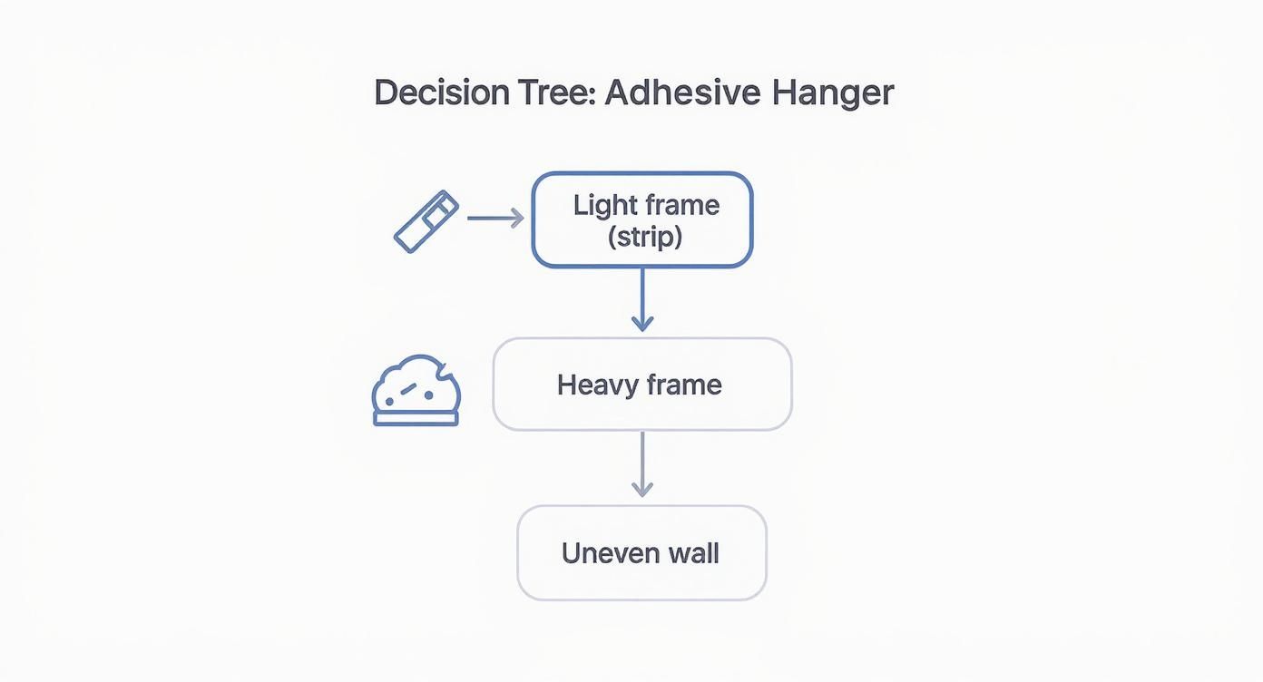 A decision tree diagram for adhesive hangers, showing paths for light frames, heavy frames, and uneven walls.