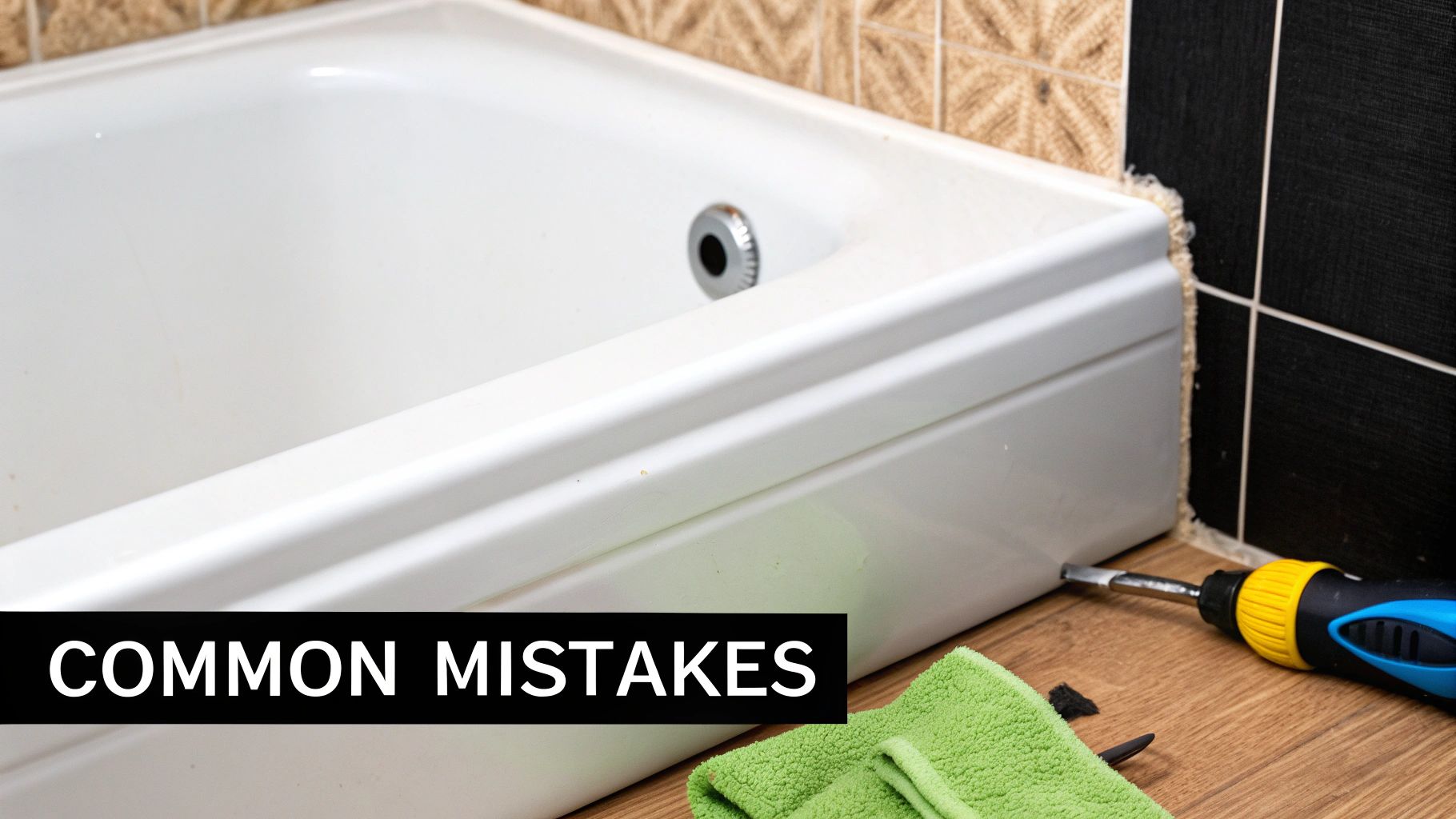 Close-up of a white bathtub installation, showing a screwdriver, towel, and messy caulk, highlighting common mistakes.