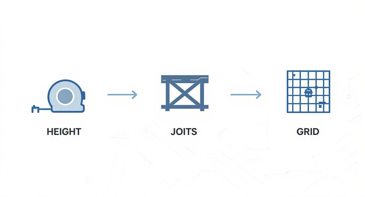 Diagram illustrates a construction process: measuring height with a tape, installing joists, then forming a grid.