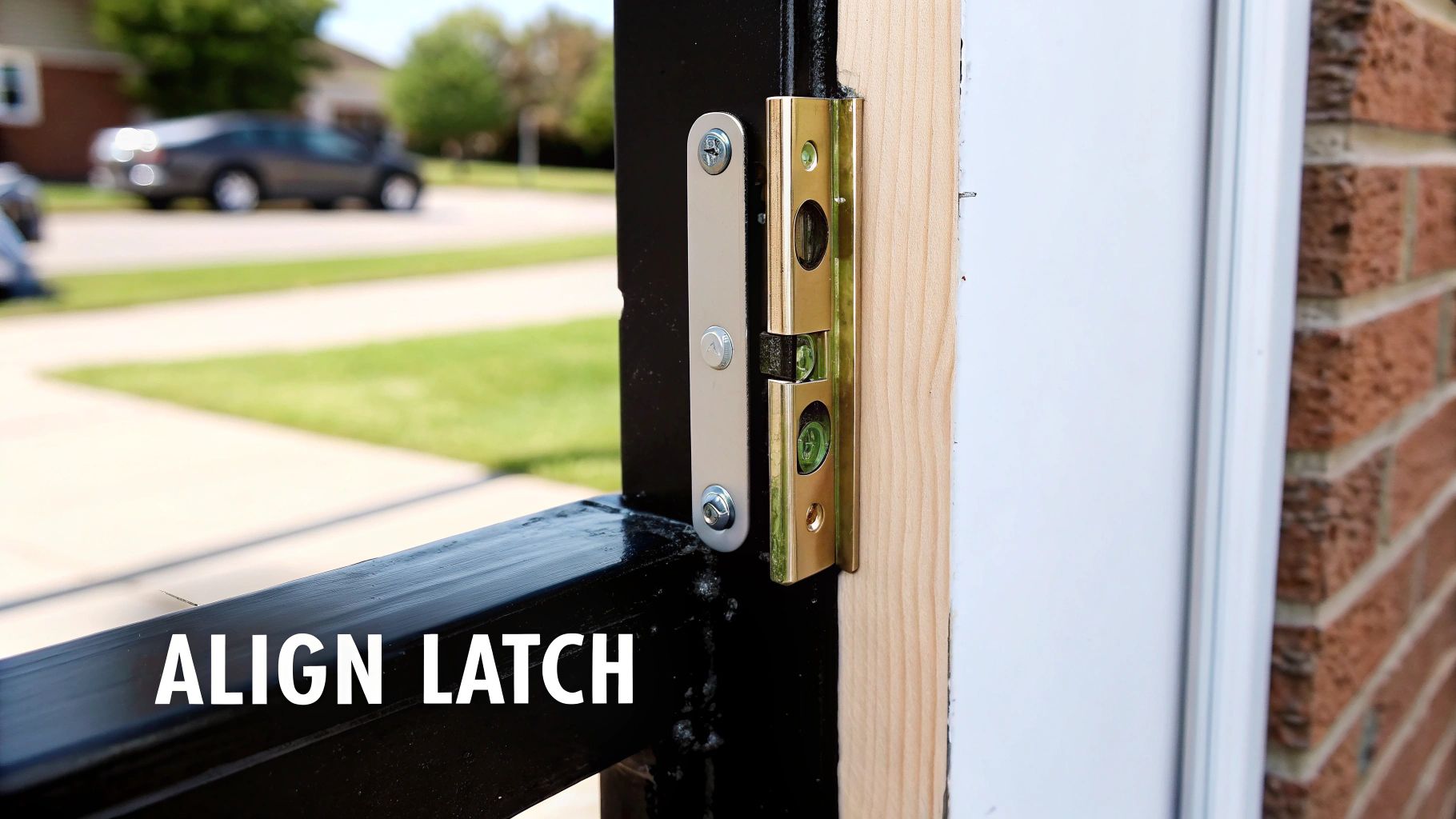 Close-up of a silver door latch being aligned with a golden receiver on a wooden door frame.