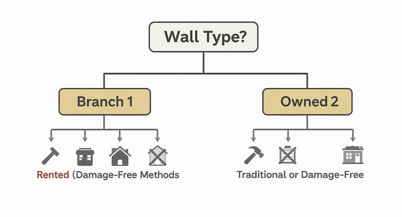 A flowchart illustrating methods for hanging items based on wall type, distinguishing between rented and owned properties.
