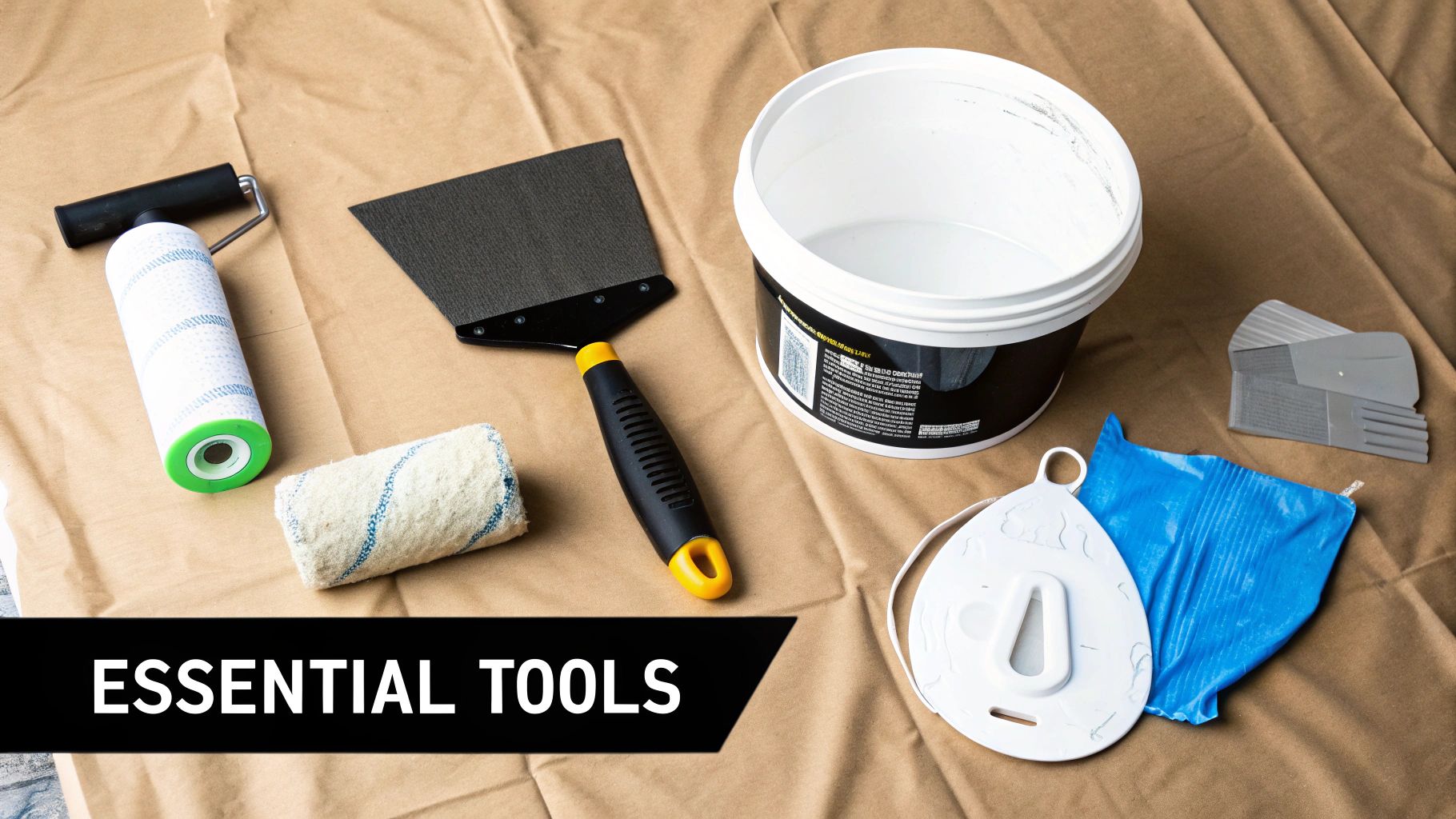 A collection of drywall repair tools, including putty knives, joint compound, and mesh tape, laid out neatly.