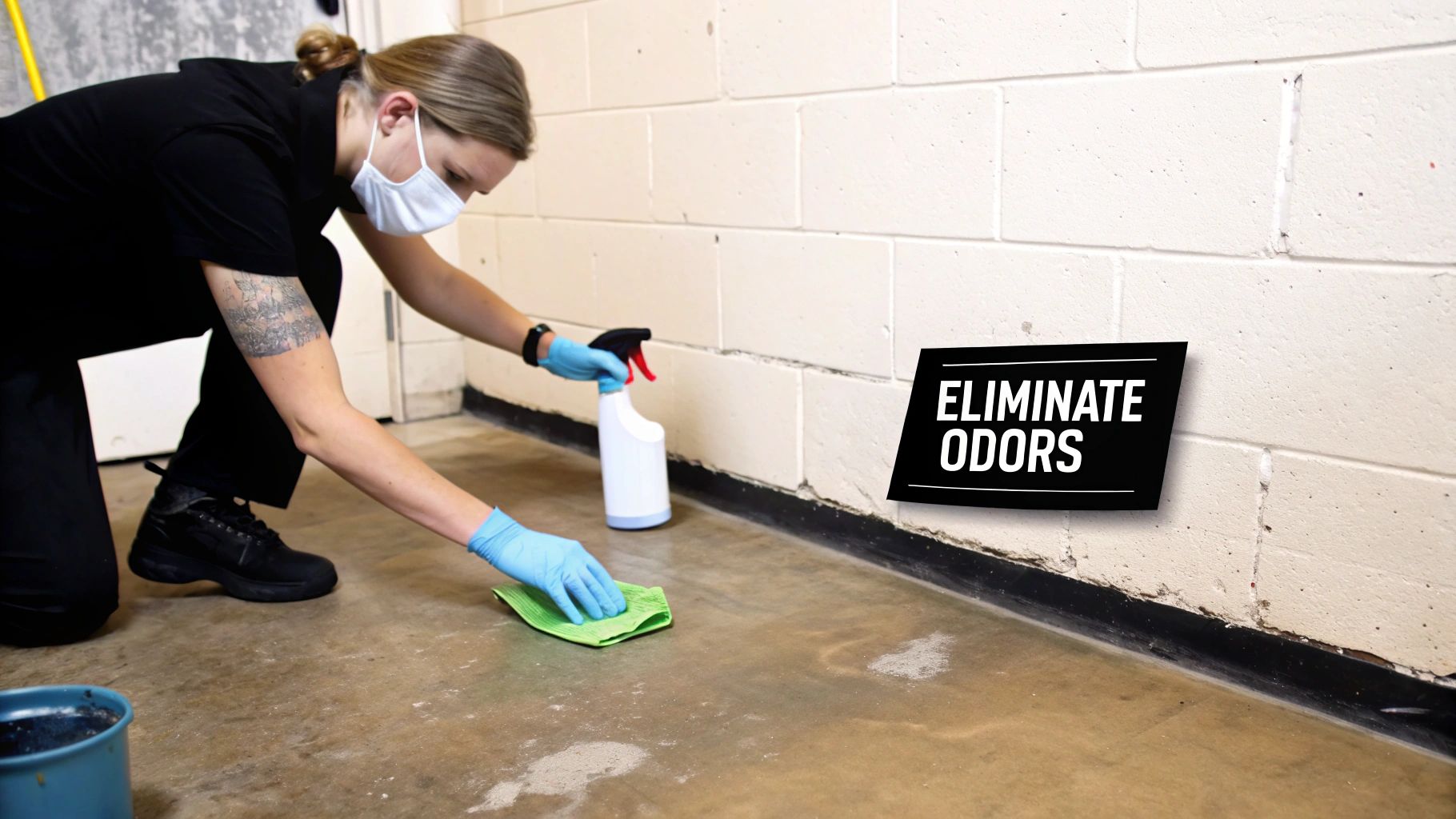 A worker in a mask and gloves cleans a concrete floor with a spray bottle and cloth, eliminating odors.