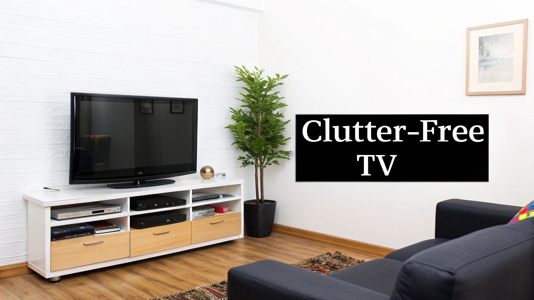 A clutter-free living room featuring a TV on a stand, a green plant, and a comfortable couch.