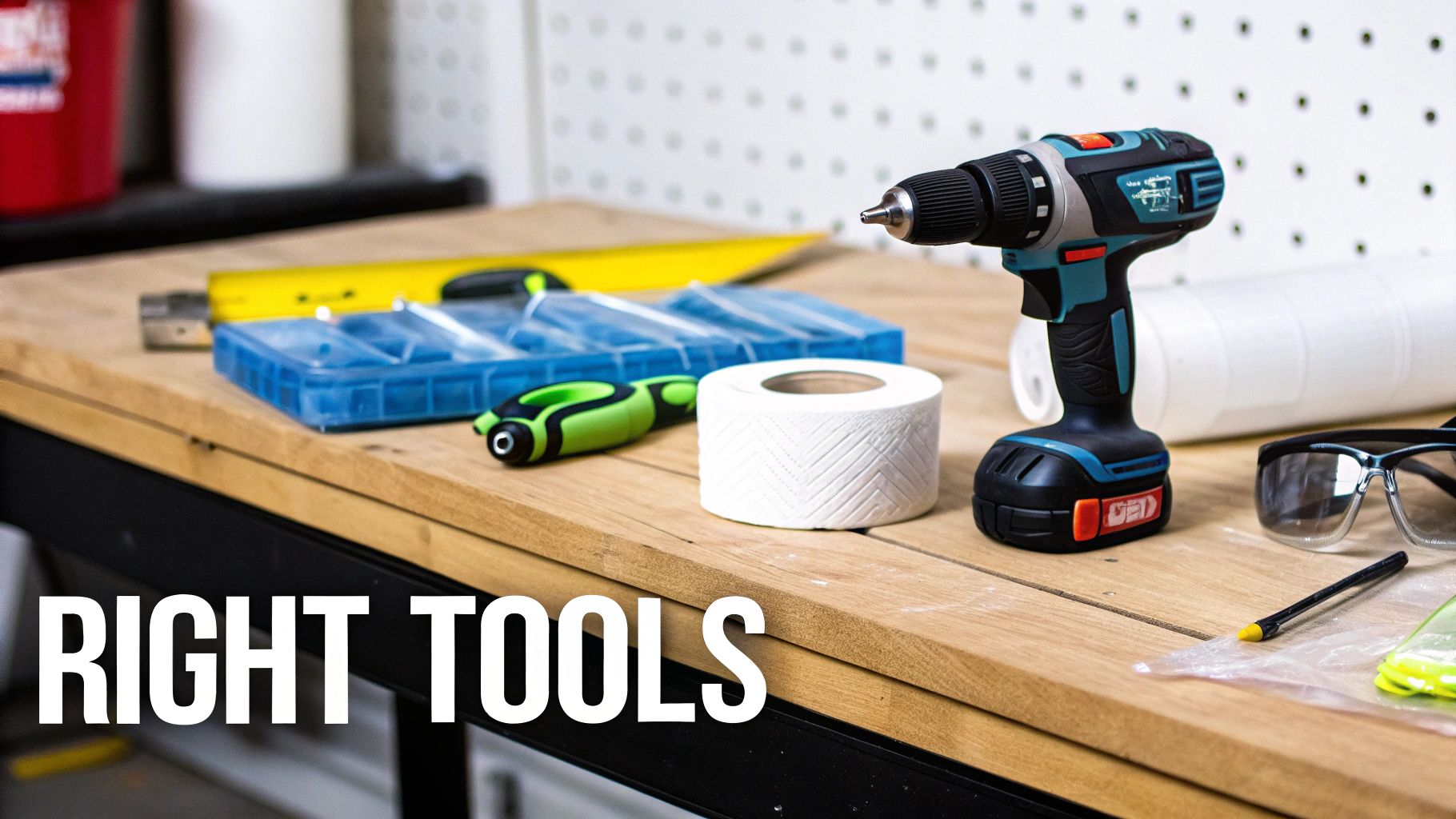 An organized collection of tools for a patio door installation, including a drill, level, and tape measure, laid out on a clean surface.