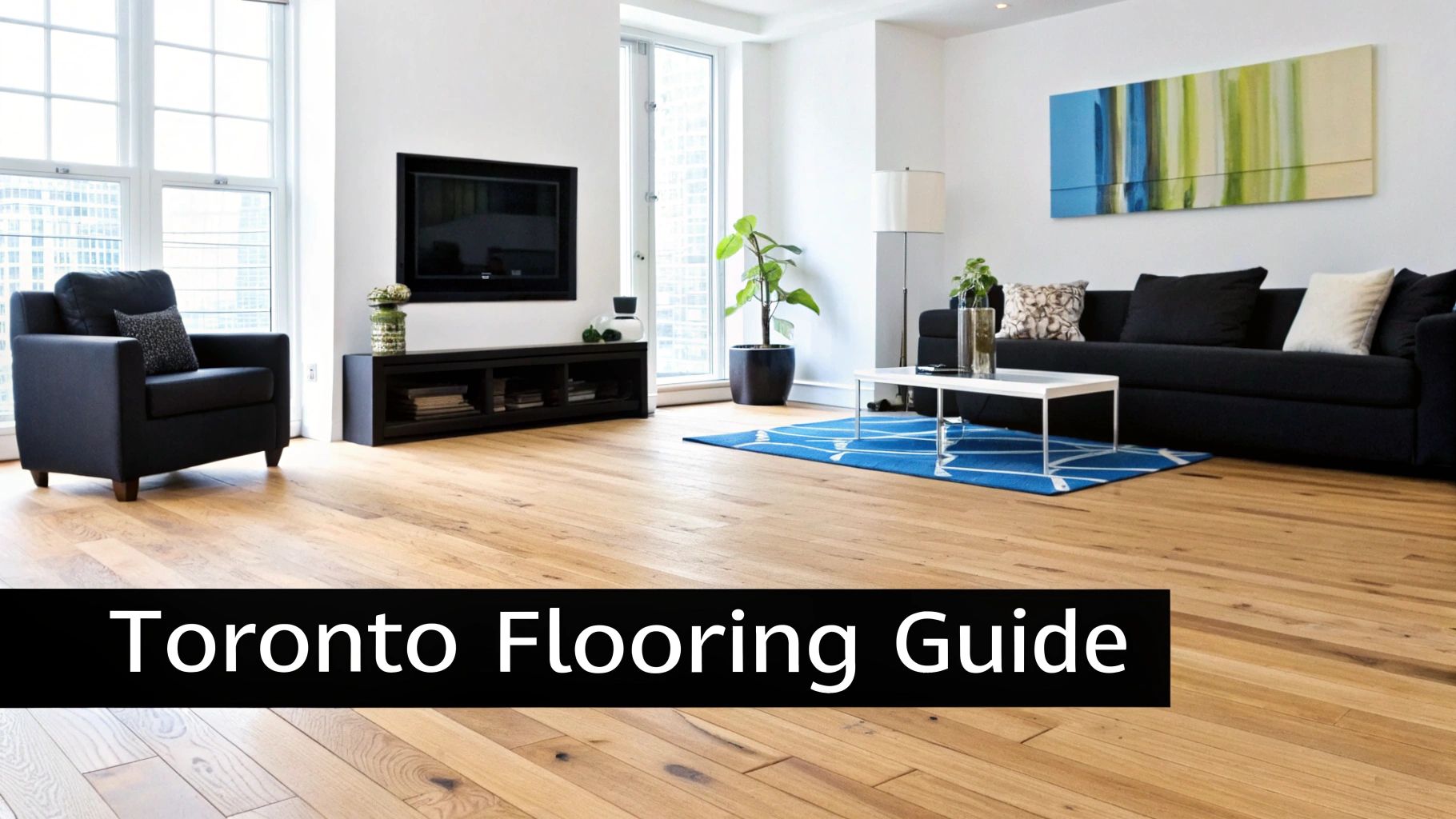 Modern living room with light hardwood flooring, black furniture, and a blue rug, featuring a wall-mounted TV.