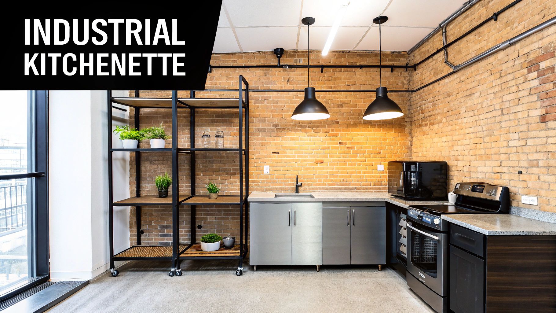 Modern industrial style kitchenette with exposed brick walls, stainless steel cabinets, and black pendant lighting