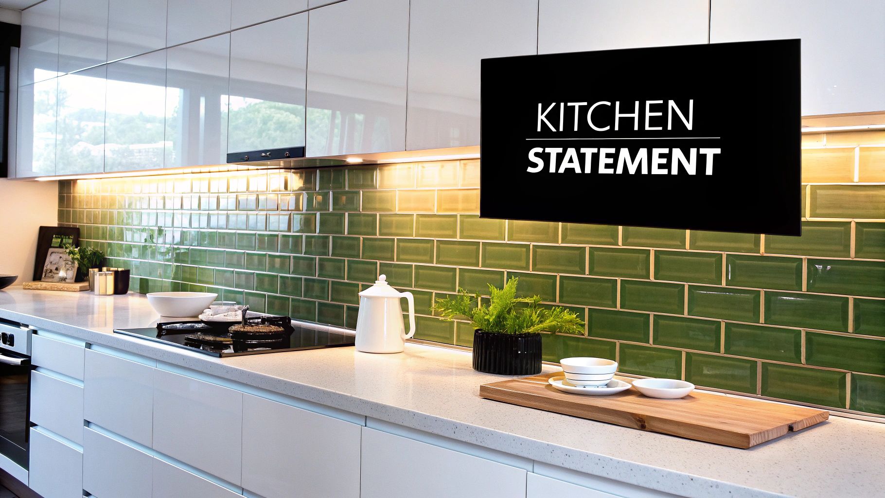 A modern kitchen featuring white cabinets, green subway tile backsplash, and bright under-cabinet lighting.