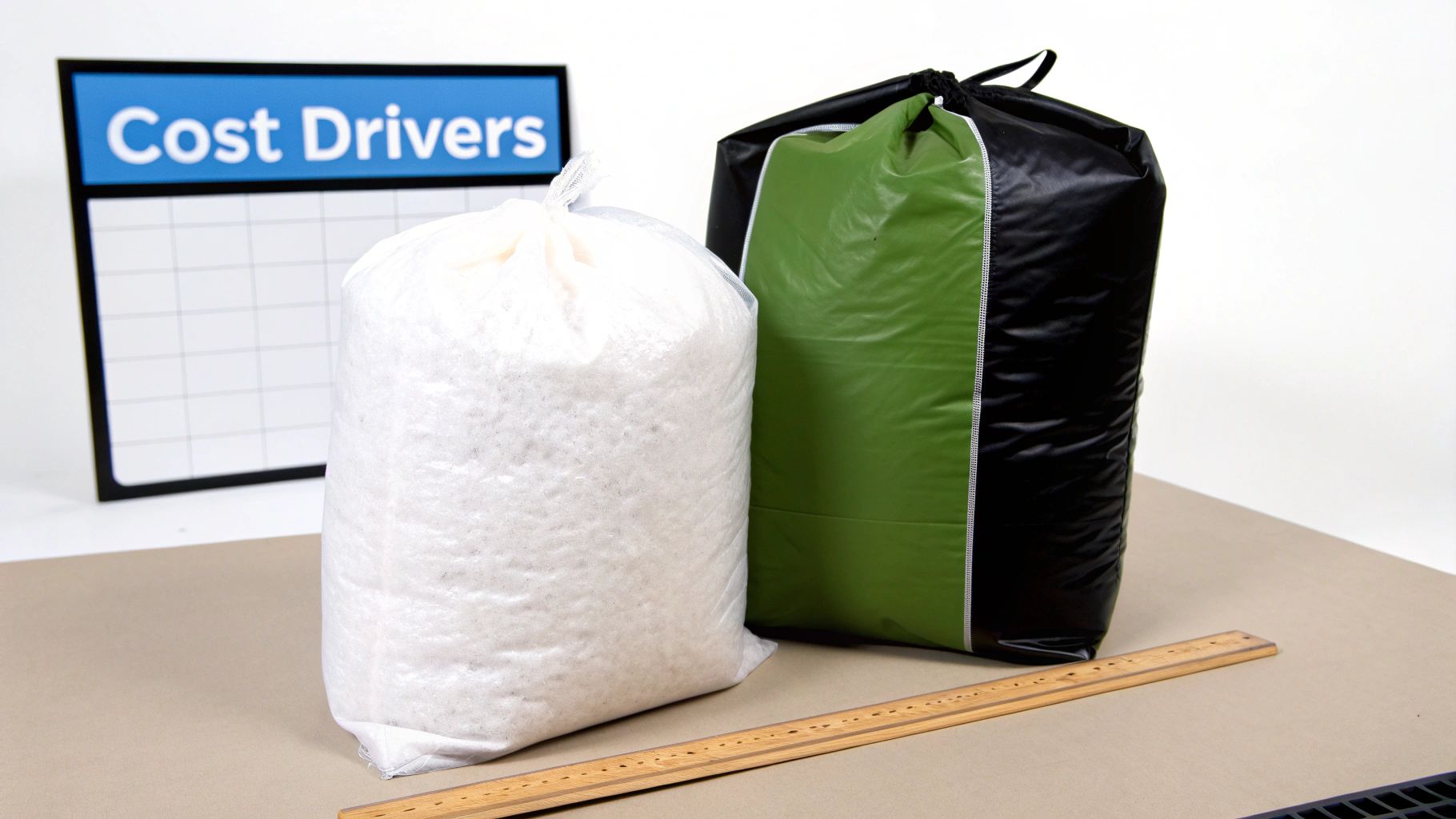 Two large bags of insulation material, one white and one black and green, beside a 'Cost Drivers' sign and ruler.
