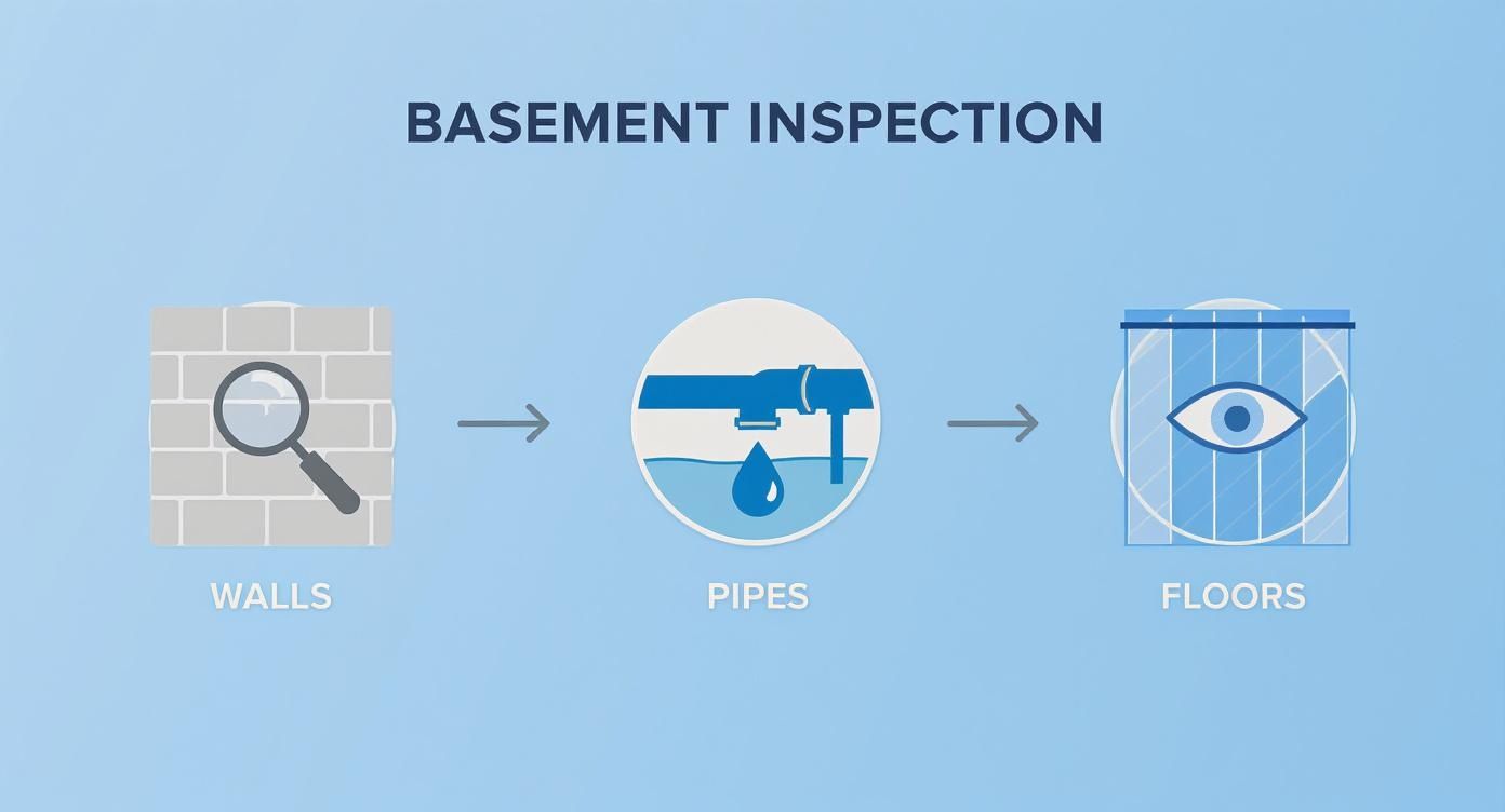 A diagram illustrating the basement inspection process, focusing on examining walls, pipes, and floors.