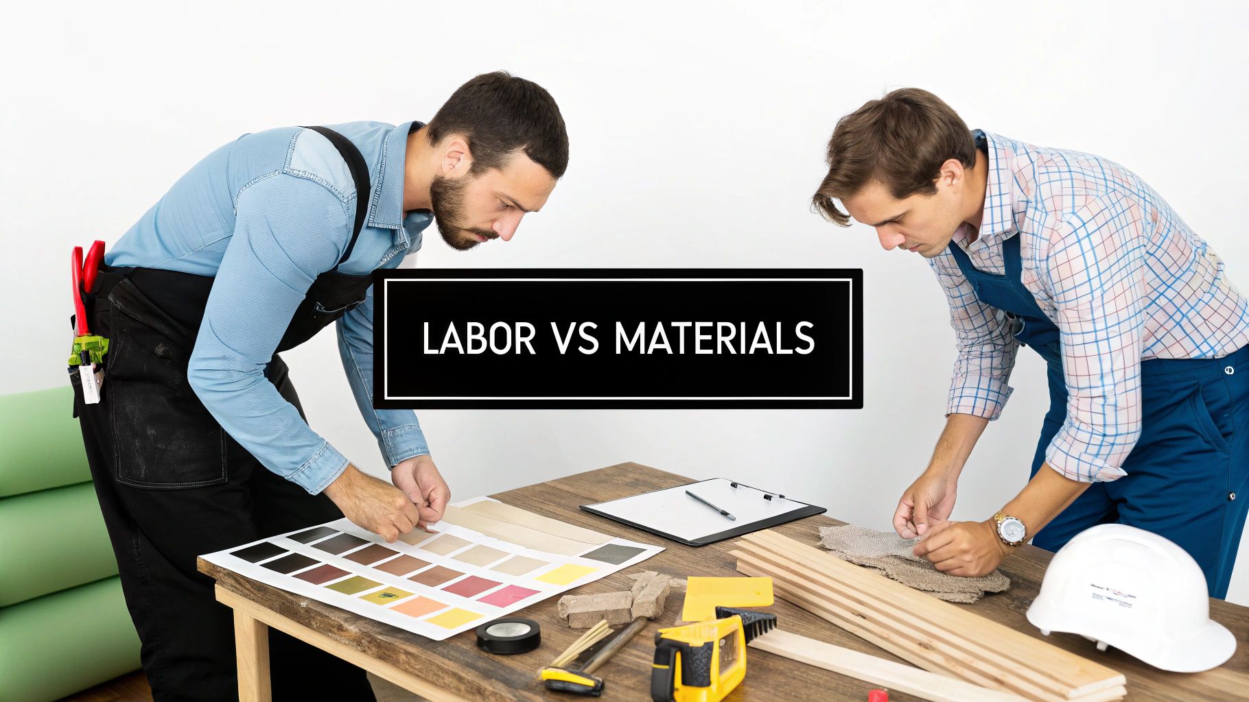 Two contractors analyze color and material samples on a table, representing labor versus materials costs.