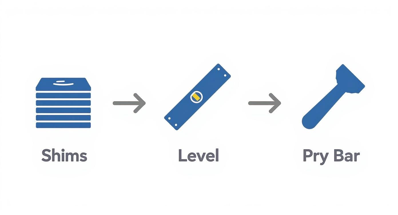 A sequence of three blue icons showing construction tools: shims, a level, and a pry bar.