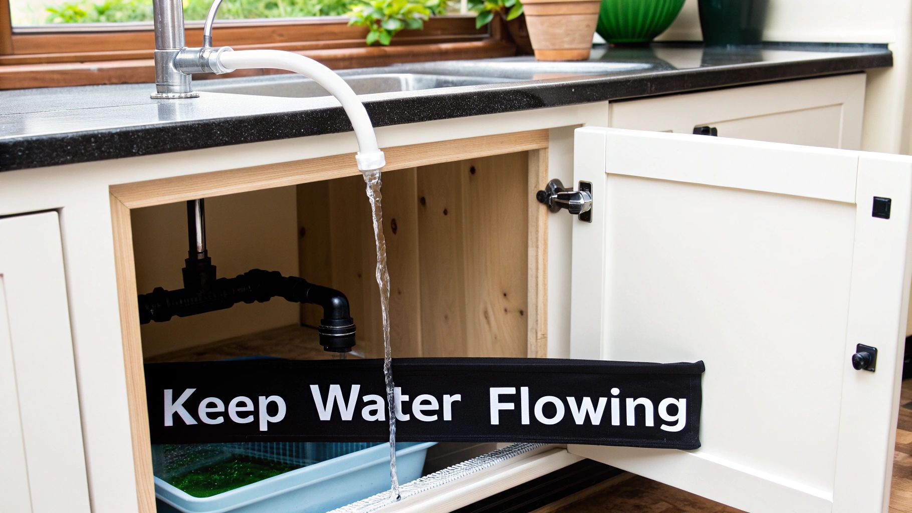 Water flowing from a kitchen faucet into a container under the sink to prevent frozen pipes.