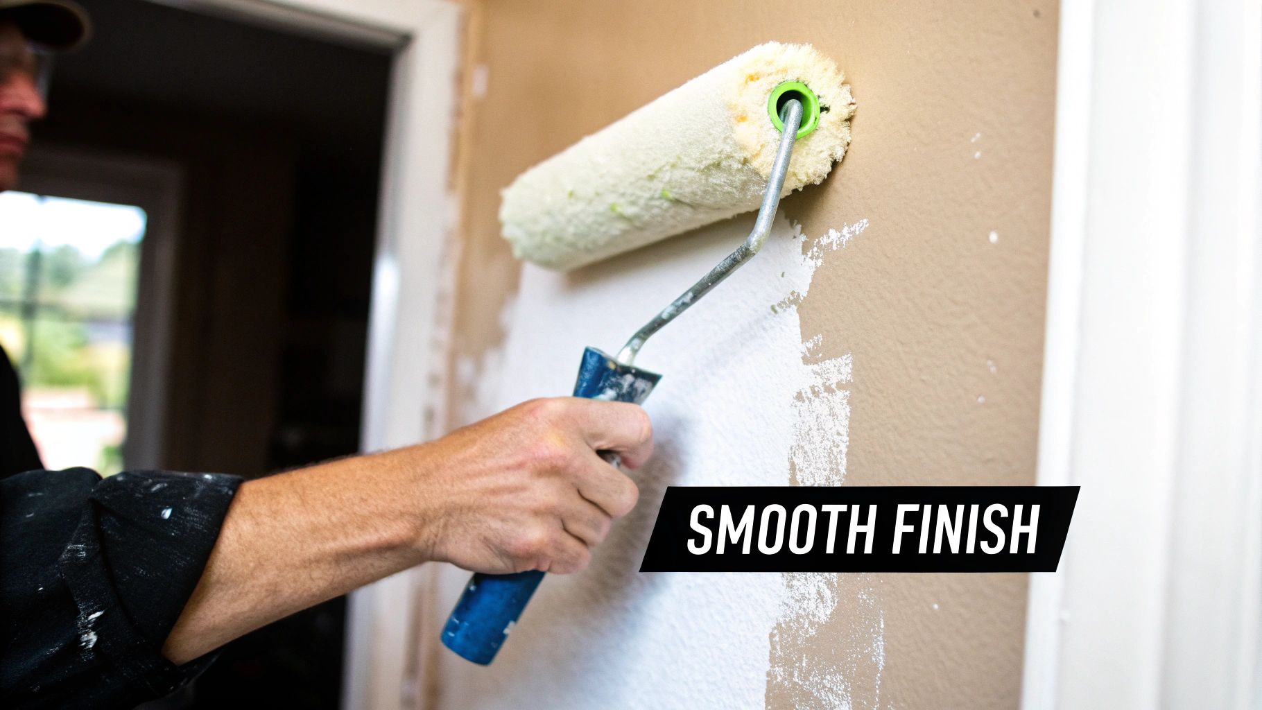 A hand holding sandpaper, smoothing a patched area on a white wall before painting.