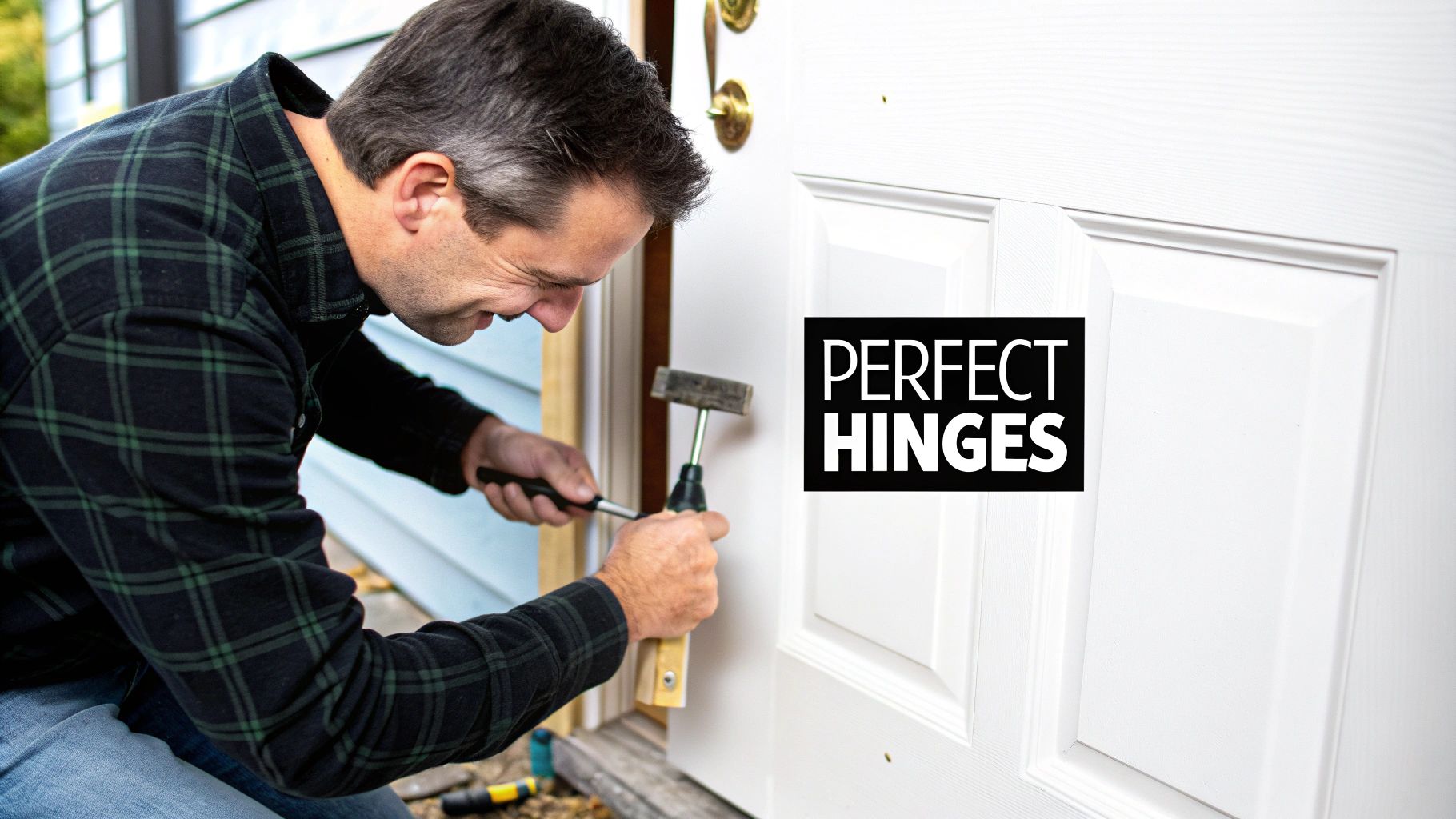 A close-up of a person installing a brass door hinge with a power drill.