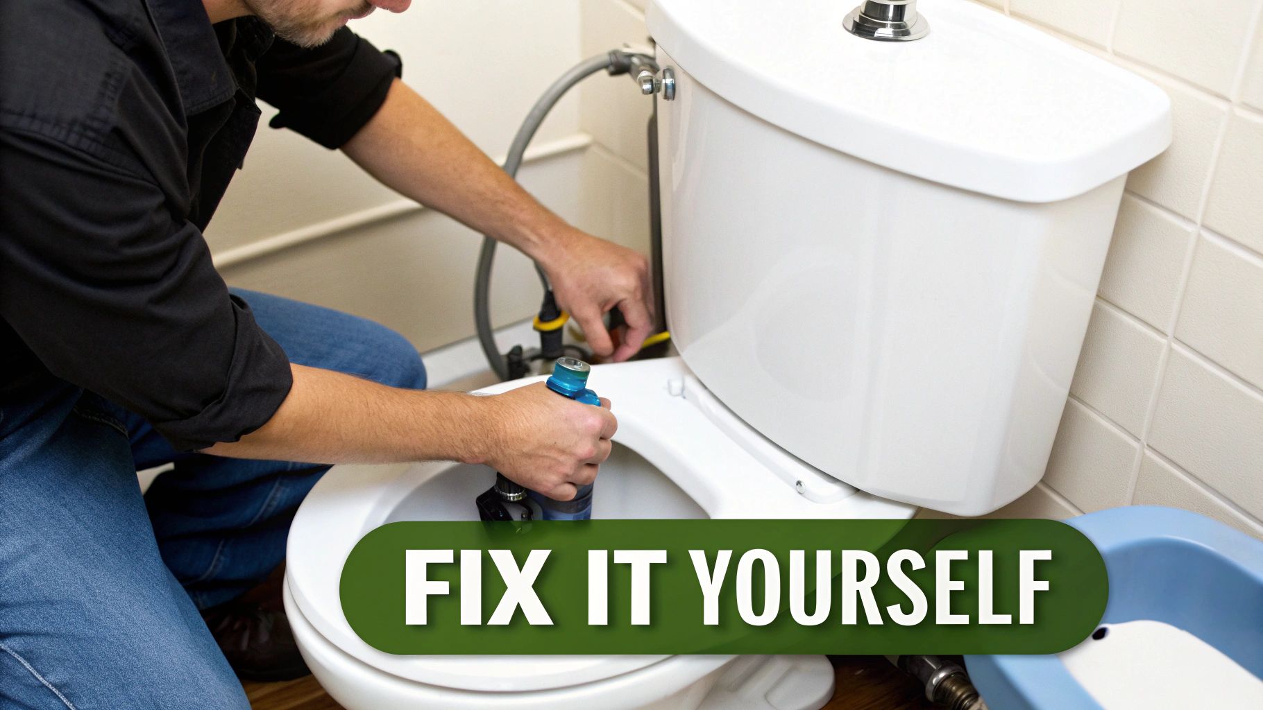 A close-up view of the internal mechanisms of a toilet tank being repaired