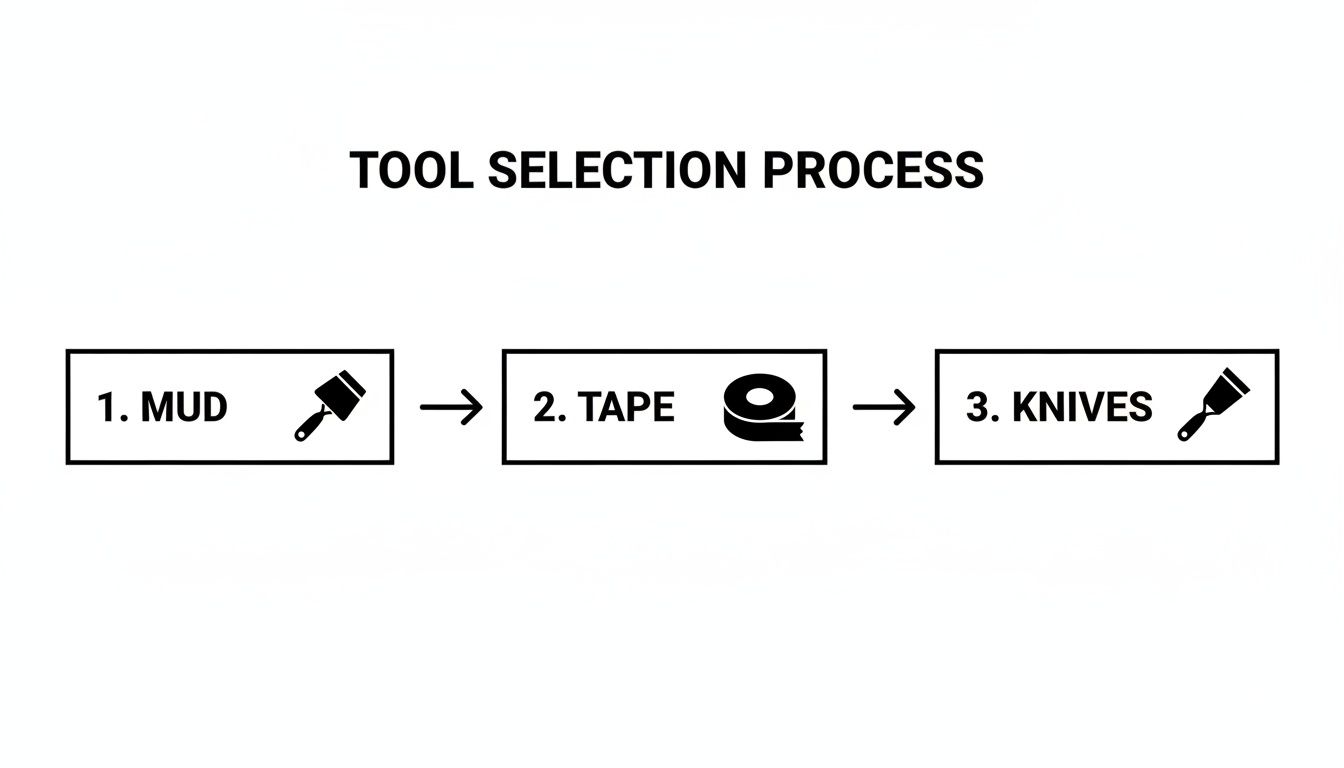 A flowchart outlining the tool selection process for drywall, featuring steps for mud, tape, and knives.