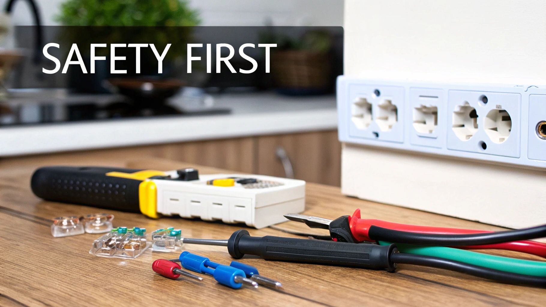 A collection of tools needed for installing a light fixture laid out on a wooden surface, including a screwdriver, wire strippers, and a voltage tester.