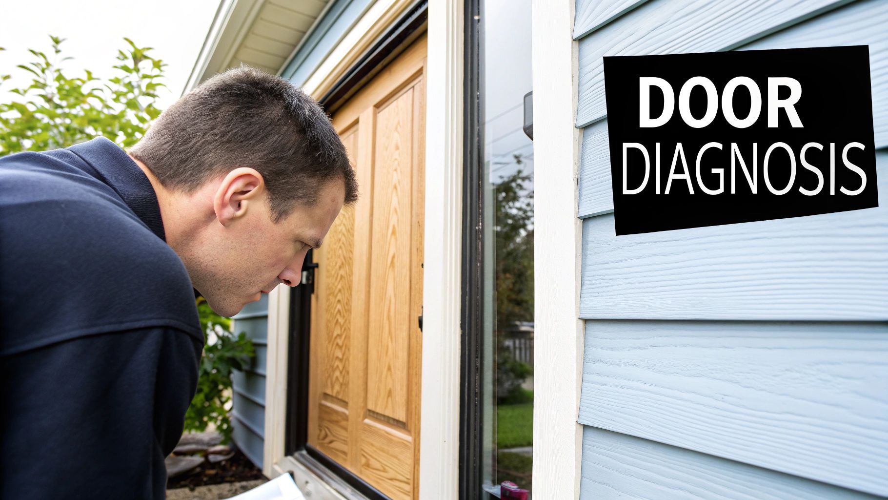 A man in a dark shirt inspecting the bottom of a wooden door and frame, with a 'Door Diagnosis' sign on light blue siding.