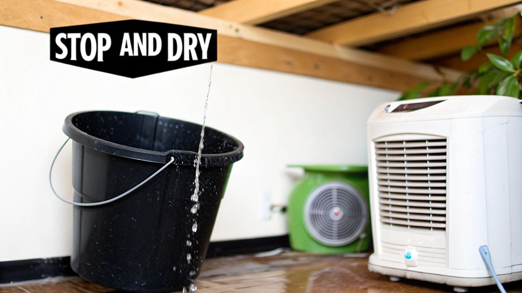 Water actively dripping from a ceiling leak into a black bucket, with 'STOP AND DRY' sign and drying equipment in the background.