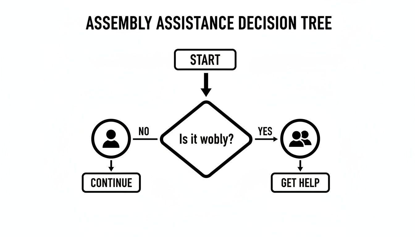 Decision tree for assembly assistance: Start, check if wobbly. If no, continue. If yes, get help.
