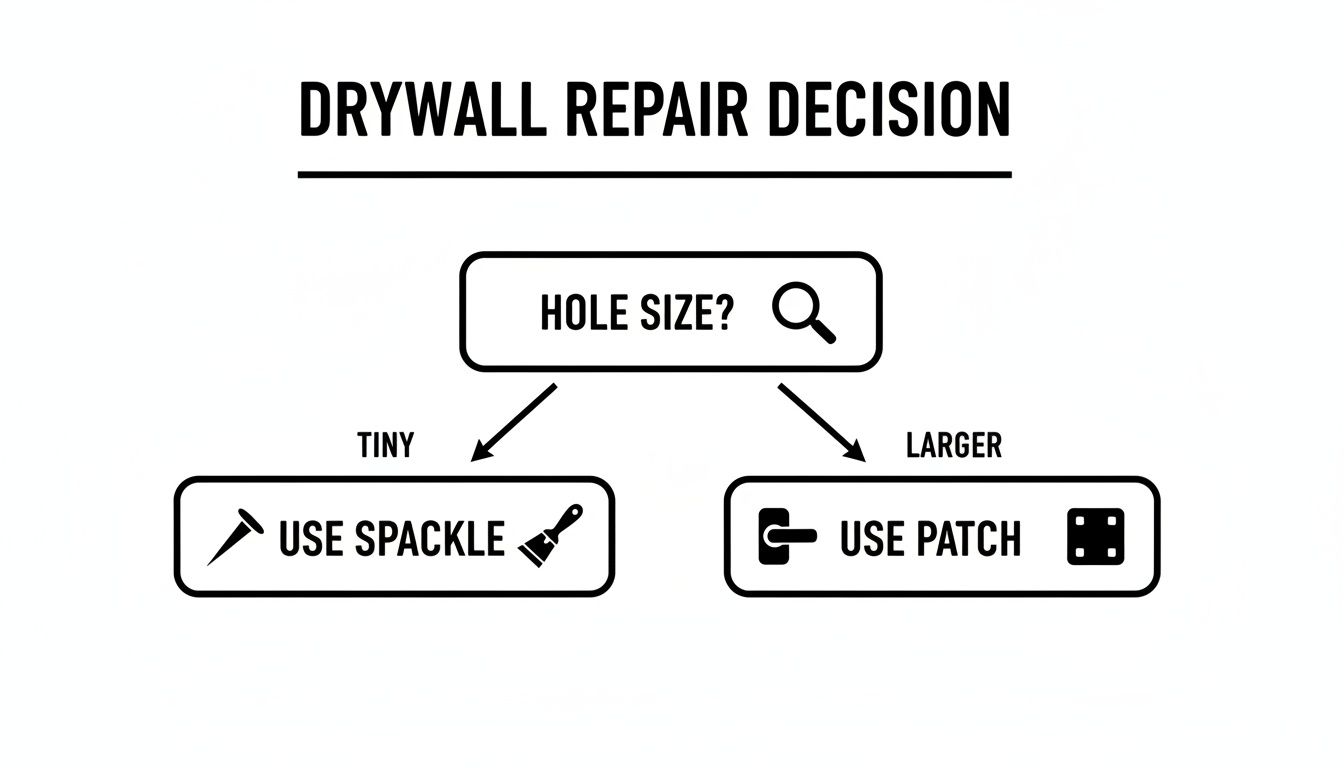 Flowchart showing drywall repair decisions: tiny holes use spackle, larger holes use patch.