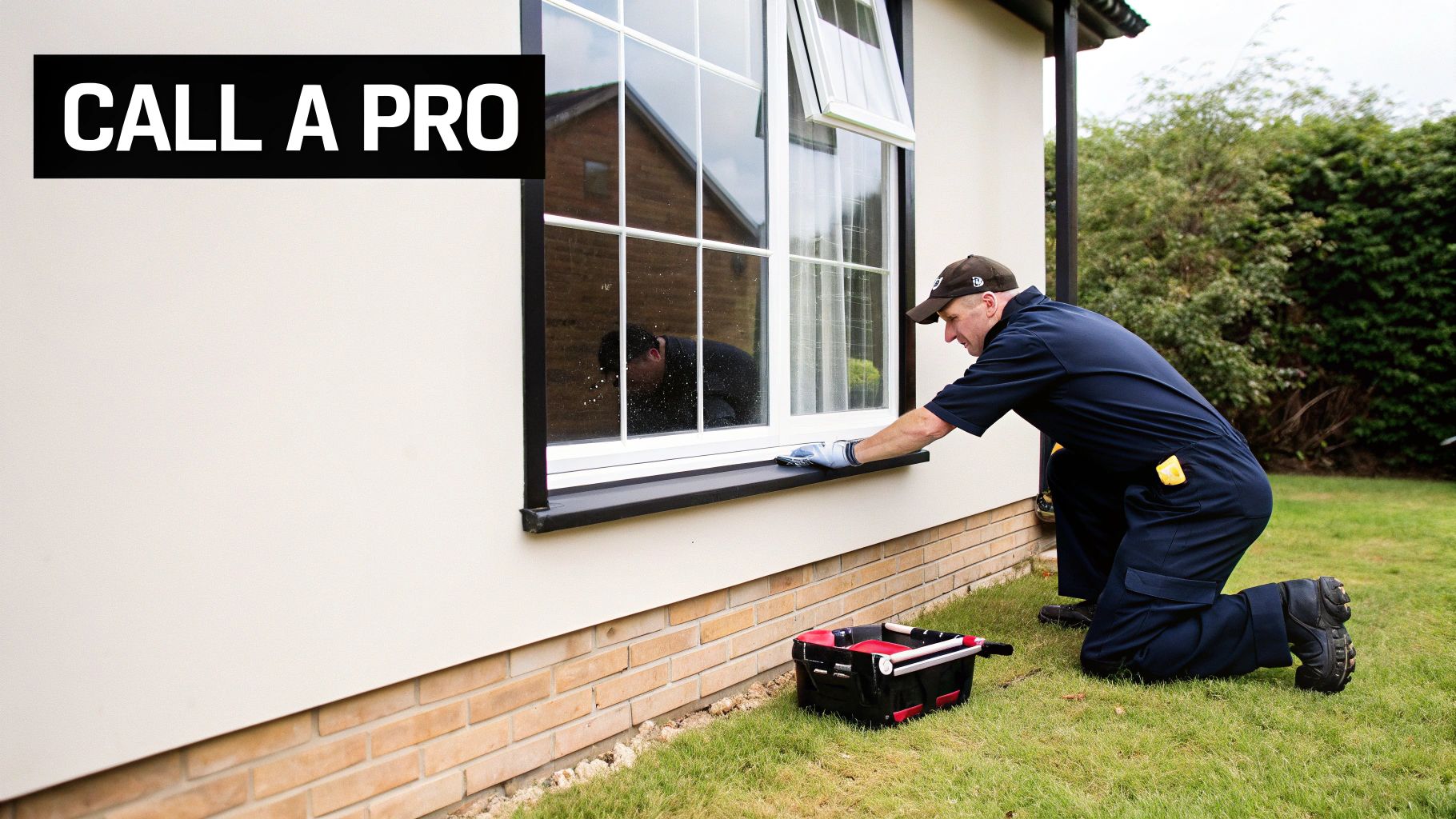 A professional worker in uniform kneels to repair or clean a house window with a toolbox.