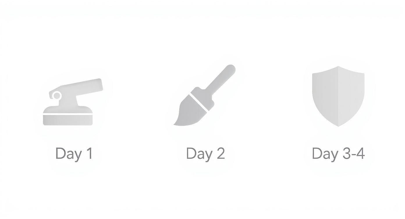 Three-day hardwood floor refinishing process showing preparation, application, and drying stages with tool icons